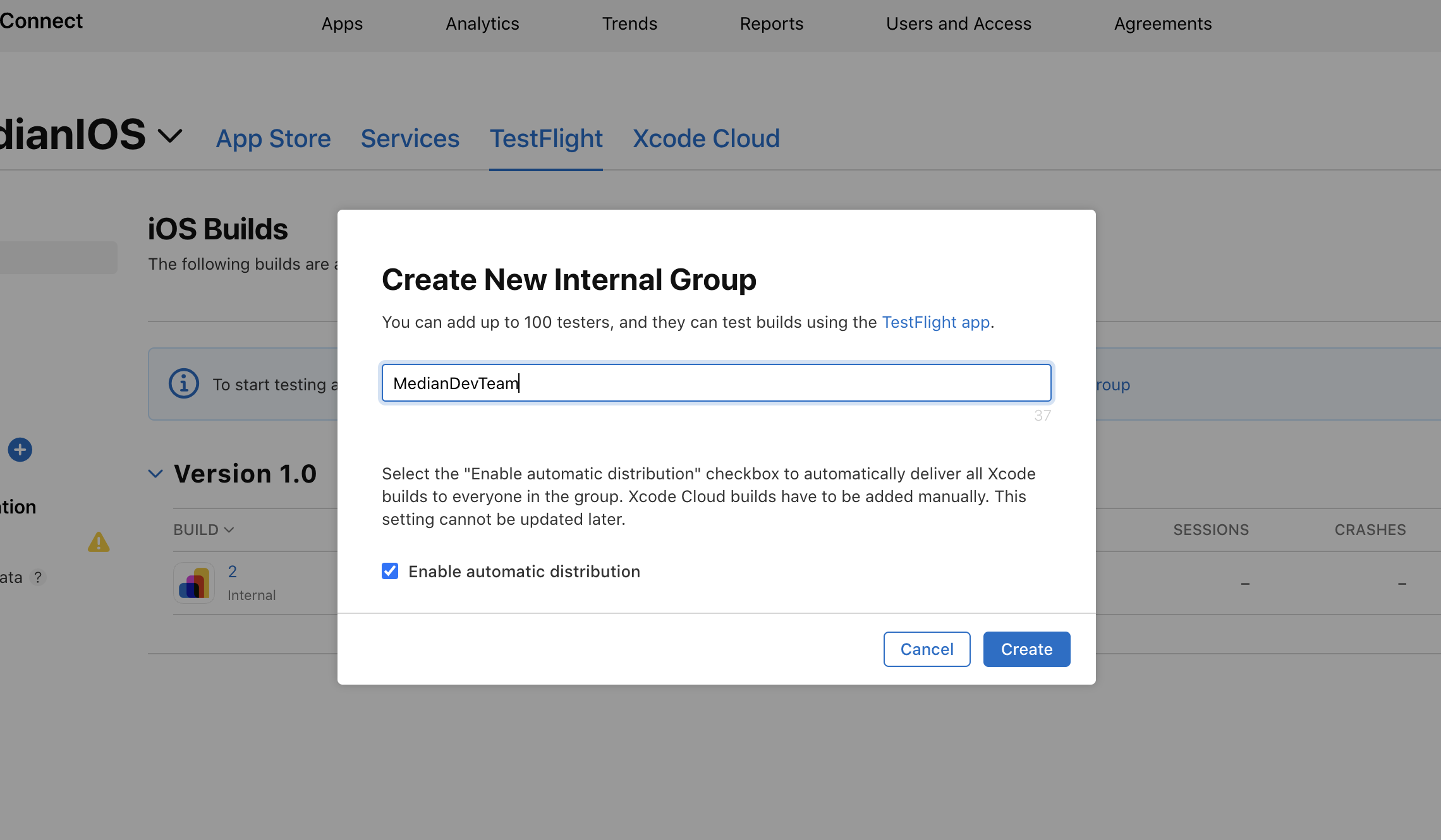 Figure 11: Create new Internal Testers group