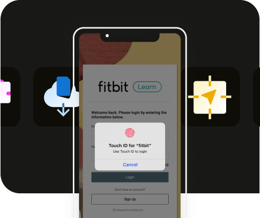 On an iPhone screen, the Fitbit app displays a pop-up window asking for Touch ID authentication during the login process.